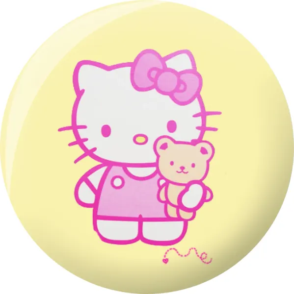 Kulatý jedlý obrázek na dort – Hello Kitty, s medvídkem na žlutém pozadí (růžová, žlutá, bílá)