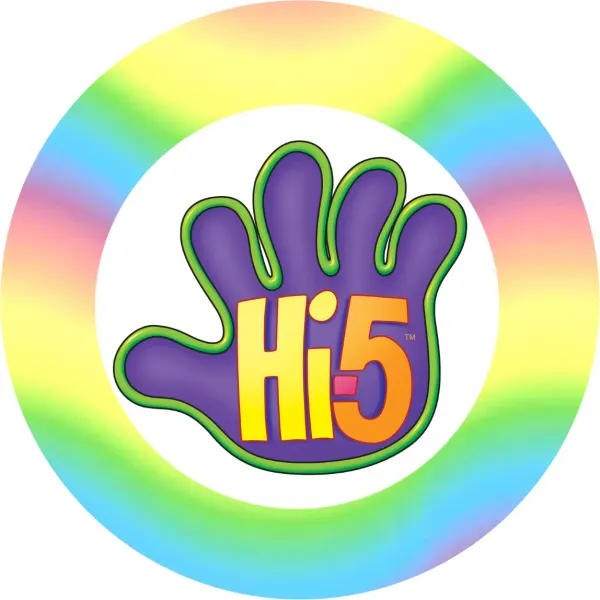 Kulatý jedlý obrázek na dort – Hi, 5, fialová ruka a duhový kruh (fialová, duhová, bílá)