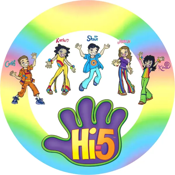 Kulatý jedlý obrázek na dort – Hi, 5, pětice postaviček a logo dlaně (duhová, žlutá, fialová)