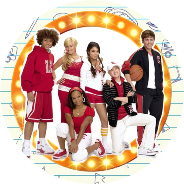 Kulatý jedlý obrázek na dort – High School Musical, parta v divadelním oblouku (červená, bílá, žlutá)