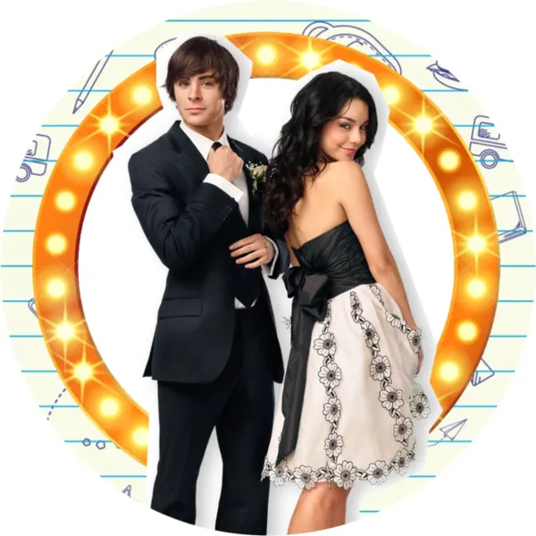 Kulatý jedlý obrázek na dort – High School Musical, Troy a Gabriella na plese (žlutá, černá, bílá)