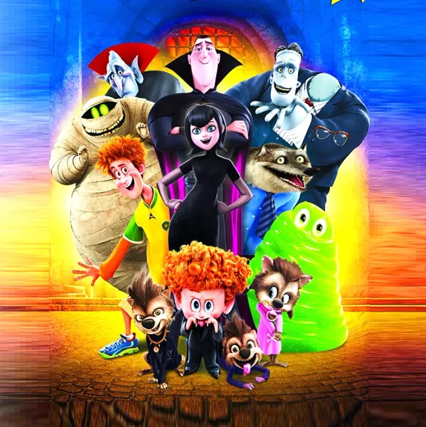Kulatý jedlý obrázek na dort – Hotel Transylvania, parta u hradu na žluté (černá, modrá, zelená)