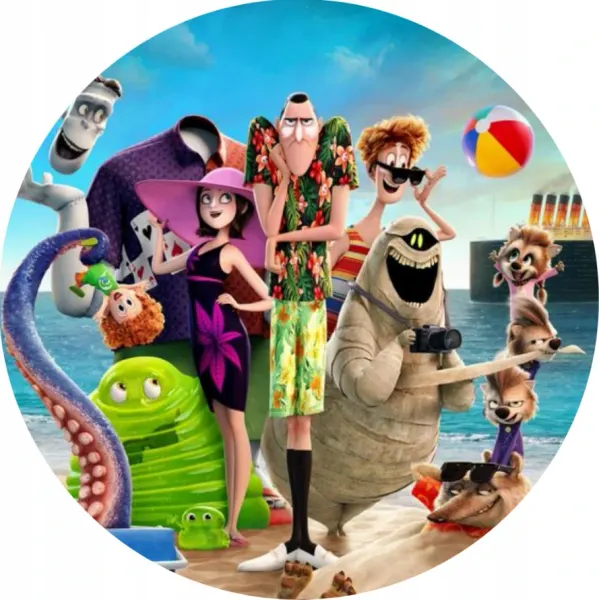 Kulatý jedlý obrázek na dort – Hotel Transylvania, Drákula u lodi na pláži (modrá, zelená, růžová)