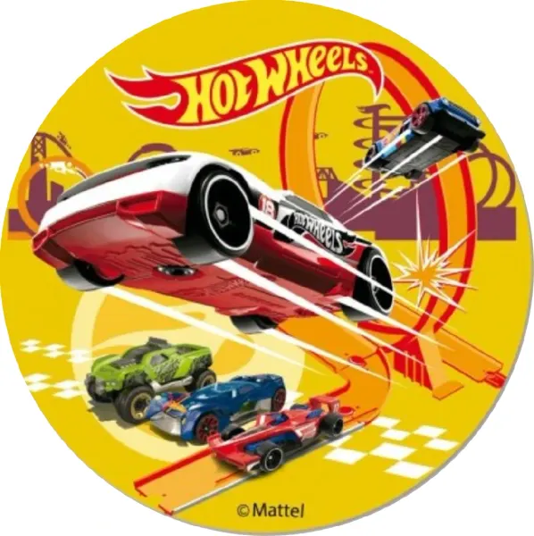 Kulatý jedlý obrázek na dort – Hot Wheels, Bílo-červený sporťák na žluté (žlutá, červená, modrá)