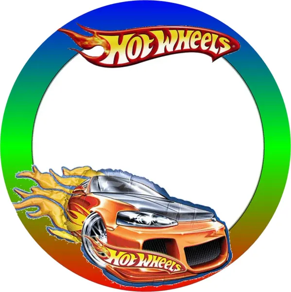 Kulatý jedlý obrázek na dort – Hot Wheels, Oranžové auto s plameny a rám (modrá, zelená, červená)