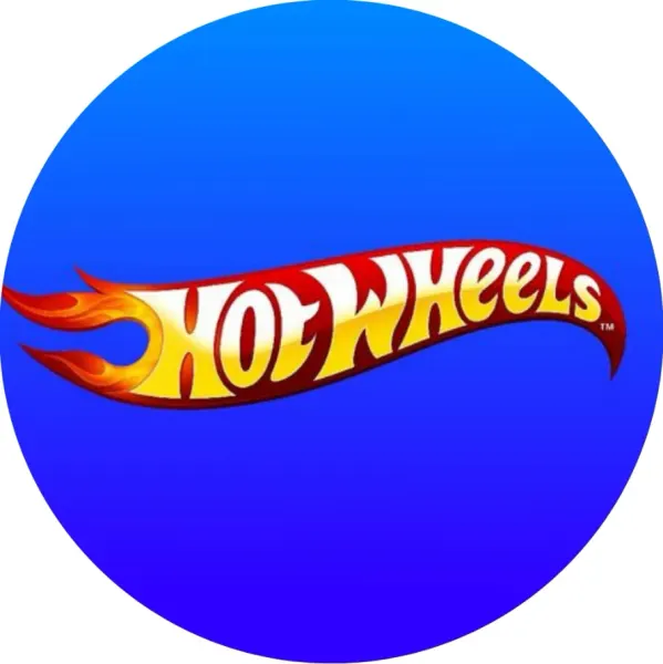 Kulatý jedlý obrázek na dort – Hot Wheels, Plamenné logo na modrém pozadí (modrá, červená, žlutá)