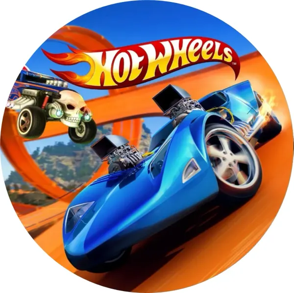 Kulatý jedlý obrázek na dort – Hot Wheels, Modrý závoďák a skok na dráze (modrá, červená, žlutá)