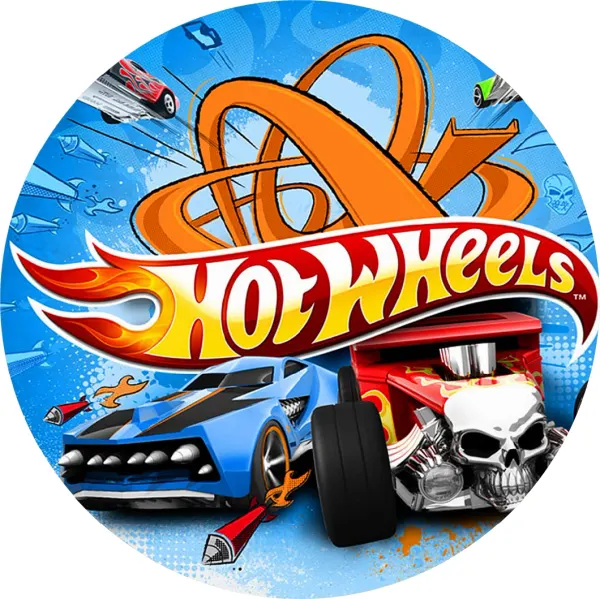 Kulatý jedlý obrázek na dort – Hot Wheels, Modré kupé a červený hot rod (modrá, červená, žlutá)