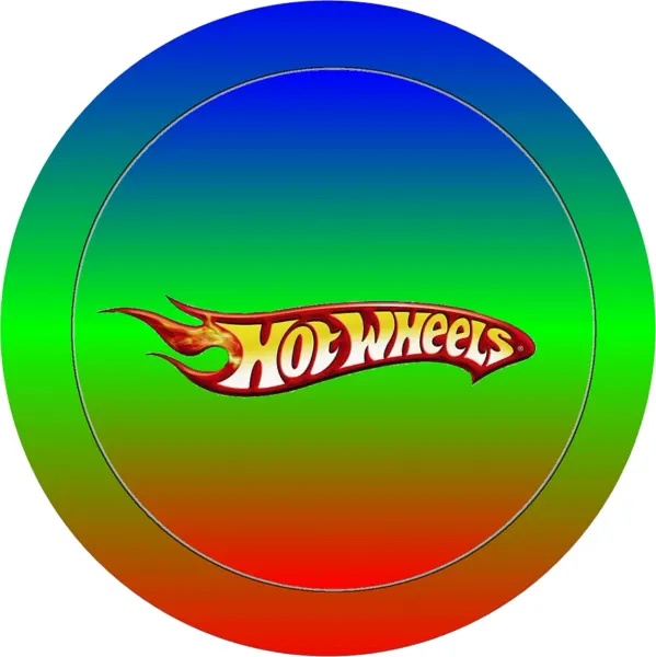 Kulatý jedlý obrázek na dort – Hot Wheels, Ohnivé logo na duhovém pozadí (zelená, modrá, červená)