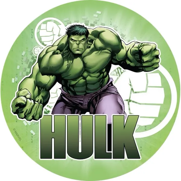 Kulatý jedlý obrázek na dort – Hulk, postava se zaťatými pěstmi a nápis (zelená, fialová, černá)