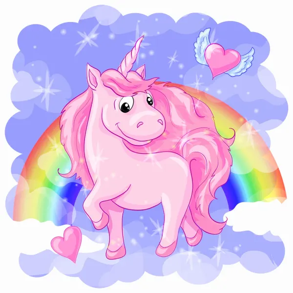 Kulatý jedlý obrázek na dort – Jednorožec, Unicorn: Růžový s létajícími srdíčky (růžová, fialová, duhová)