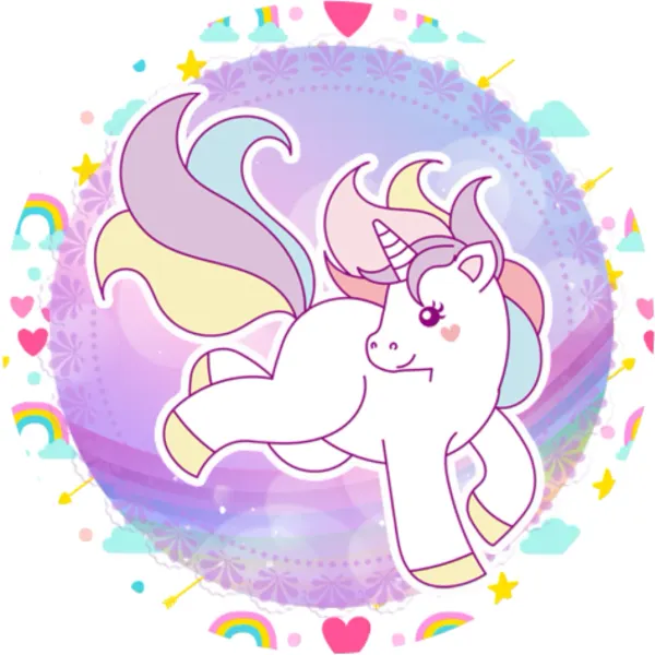 Kulatý jedlý obrázek na dort – Jednorožec, Unicorn: Věnec s duhami a srdíčky (fialová, růžová, bílá)