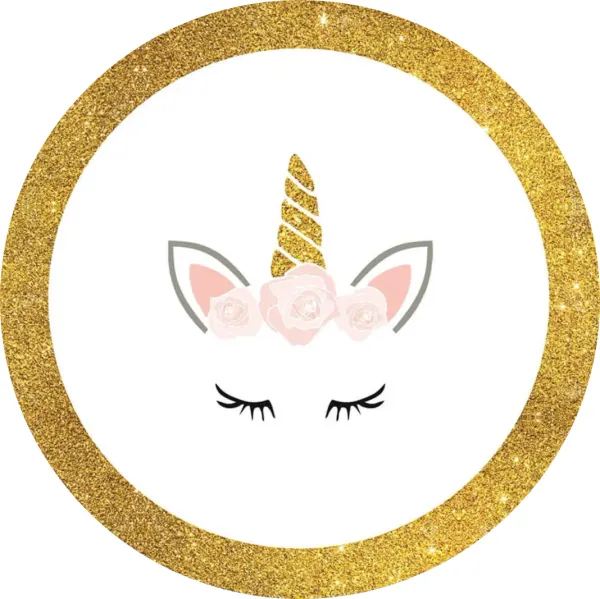 Kulatý jedlý obrázek na dort – Jednorožec, Unicorn: Zavřená víčka s růžemi (zlatá, růžová, bílá)