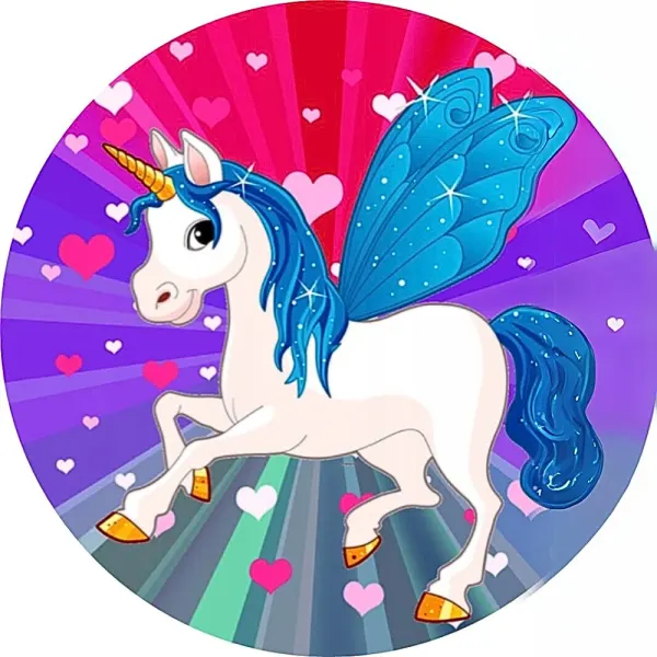 Kulatý jedlý obrázek na dort – Jednorožec Unicorn, cválající s křídly (růžová, fialová, modrá)