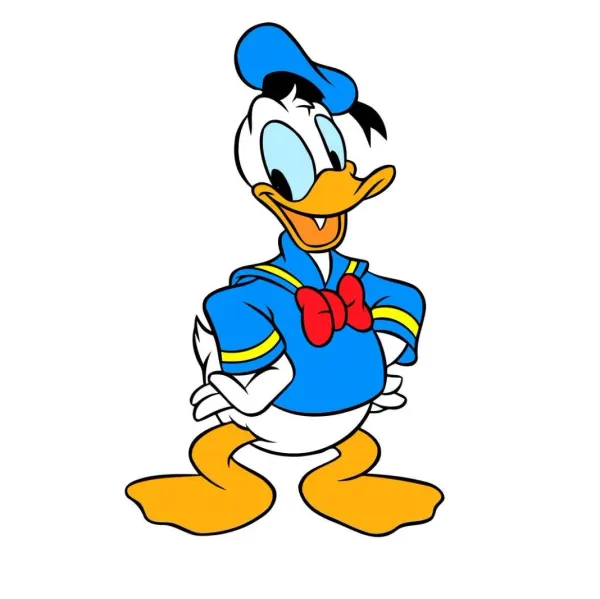 Kulatý jedlý obrázek na dort – Kačer Donald, s rukama v bok na bílém (modrá, žlutá, bílá)