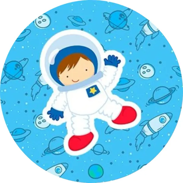 Kulatý jedlý obrázek na dort – Kosmonaut, chlapec se žlutou hvězdičkou (modrá, bílá, červená)