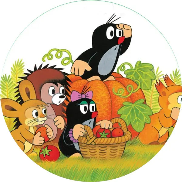 Kulatý jedlý obrázek na dort – Krteček, v dýni s kamarády a košíkem (žlutá, černá, zelená)