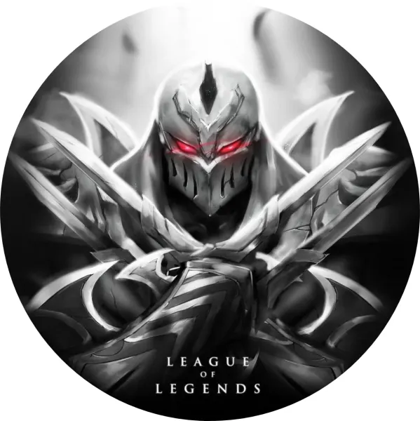 Kulatý jedlý obrázek na dort – League of Legends, Zed s rudýma očima (černá, bílá, červená)
