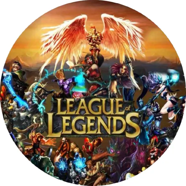 Kulatý jedlý obrázek na dort – League of Legends, Kayle a hrdinové s logem (zlatá, modrá, černá)