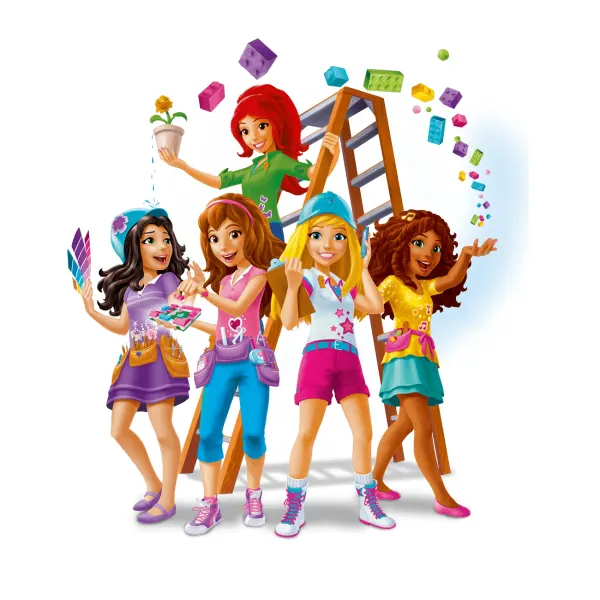 Kulatý jedlý obrázek na dort – LEGO Friends, Dívky se štaflemi a kostičkami (růžová, modrá, bílá)