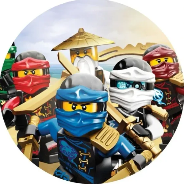 Kulatý jedlý obrázek na dort – LEGO Ninjago, mistr Wu a hrdinové na pláži (modrá, červená, bílá)