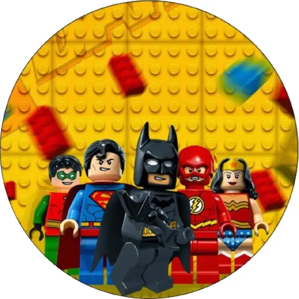 Kulatý jedlý obrázek na dort – LEGO, Superhrdinové (žlutá, černá, červená)