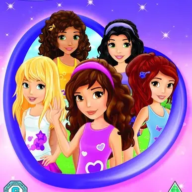 Kulatý jedlý obrázek na dort – Lego Friends, Pět dívek v modrém srdci (fialová, růžová, modrá)