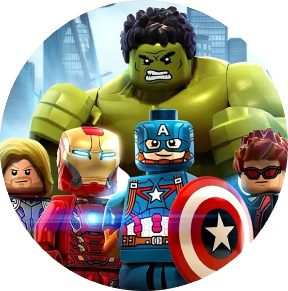Kulatý jedlý obrázek na dort – LEGO, Avengers (modrá, zelená, červená)