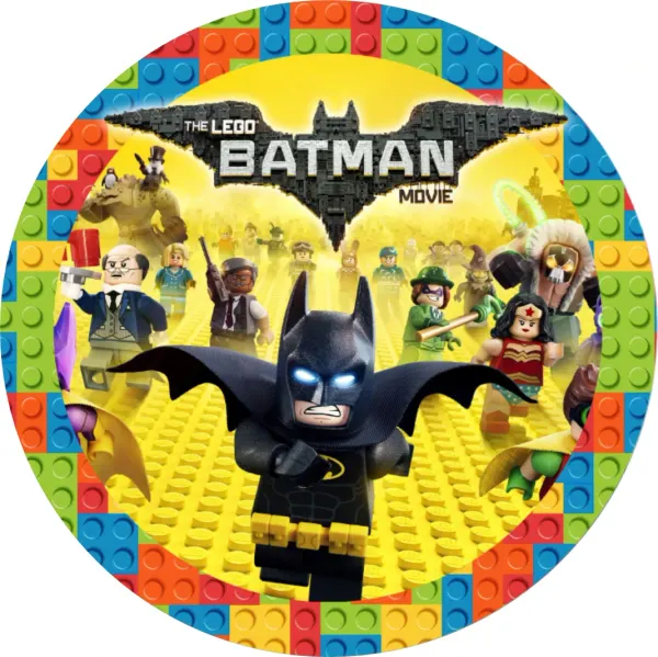 Kulatý jedlý obrázek na dort – LEGO, Batman (žlutá, černá, modrá)
