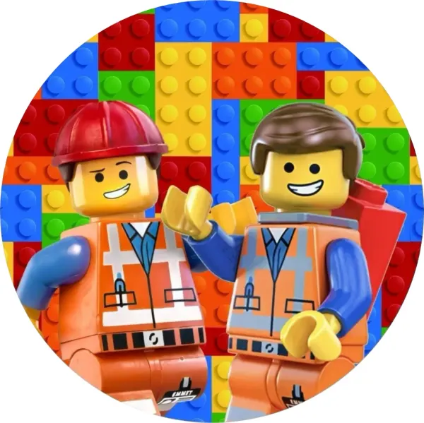 Kulatý jedlý obrázek na dort – LEGO, Dělníci (žlutá, modrá, červená)