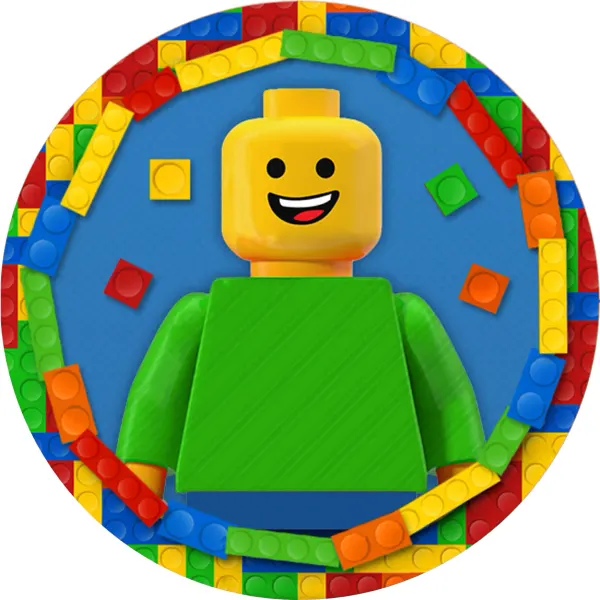 Kulatý jedlý obrázek na dort – LEGO, panáček v zeleném a věnec z kostek (modrá, zelená, žlutá)