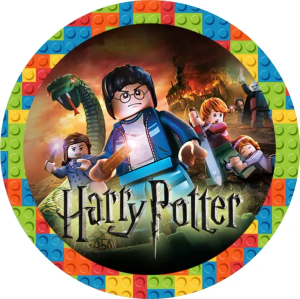 Kulatý jedlý obrázek na dort – LEGO, Harry Potter (modrá, černá, zelená)