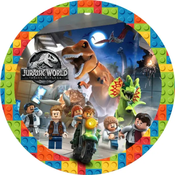 Kulatý jedlý obrázek na dort – LEGO, Jurský park (červená, modrá, zelená)