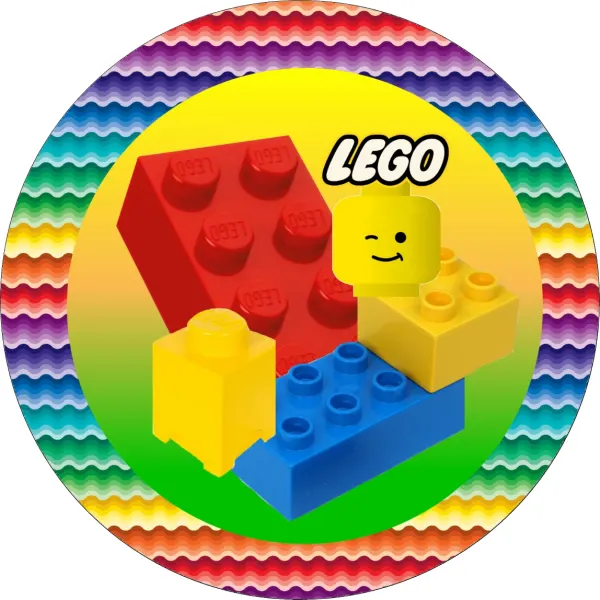 Kulatý jedlý obrázek na dort – LEGO, Kostičky (žlutá, červená, modrá)