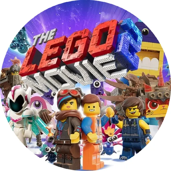 Kulatý jedlý obrázek na dort – LEGO, Movie (modrá, červená, žlutá)