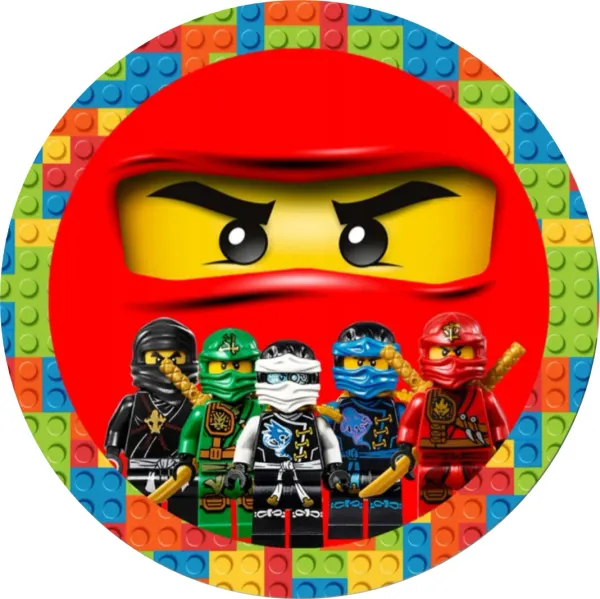 Kulatý jedlý obrázek na dort – LEGO Ninjago, červená maska a lem z kostek (červená, modrá, zelená)