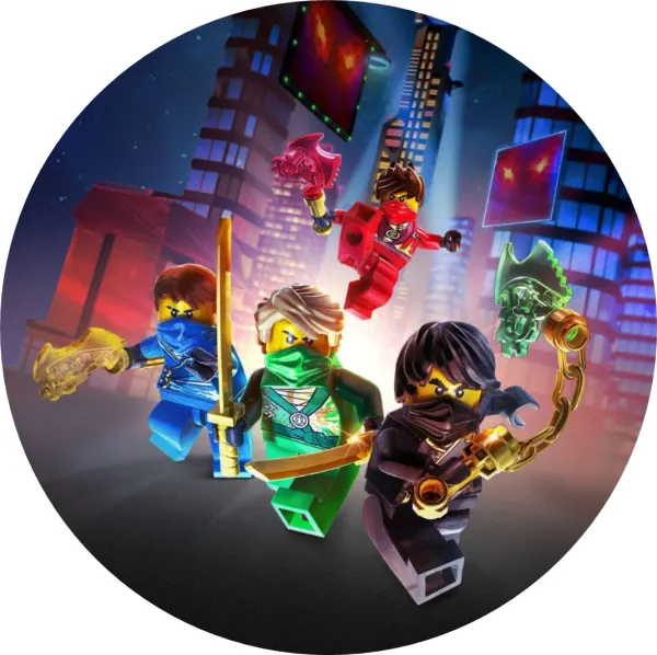 Kulatý jedlý obrázek na dort – LEGO Ninjago, bojovníci v nočním městě (modrá, zelená, červená)
