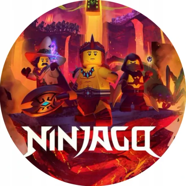 Kulatý jedlý obrázek na dort – LEGO Ninjago, lávové podzemí a bílý nápis (červená, žlutá, černá)