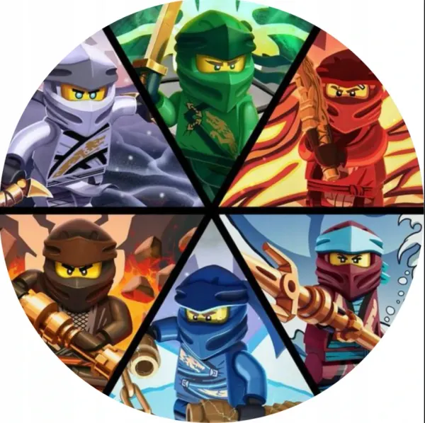Kulatý jedlý obrázek na dort – LEGO Ninjago, 6 ninjů v barevných výsečích (zelená, červená, modrá)