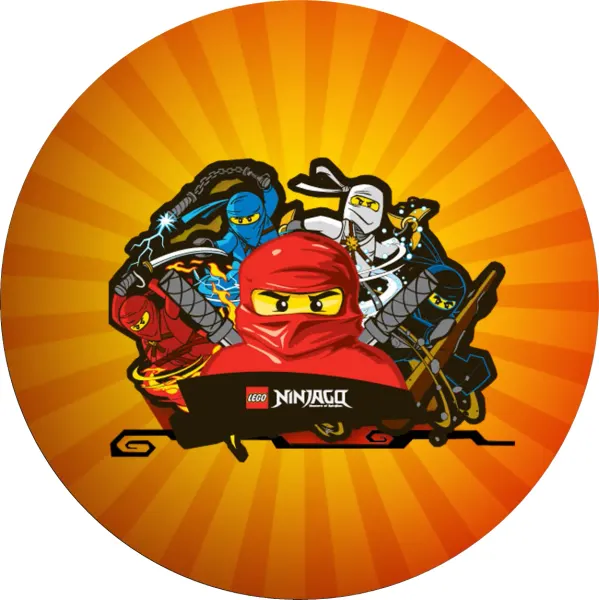 Kulatý jedlý obrázek na dort – LEGO Ninjago, Kai na paprskovém pozadí (žlutá, červená, černá)