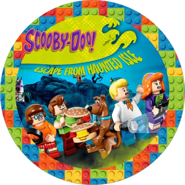 Kulatý jedlý obrázek na dort – LEGO, Scooby Doo (modrá, zelená, žlutá)