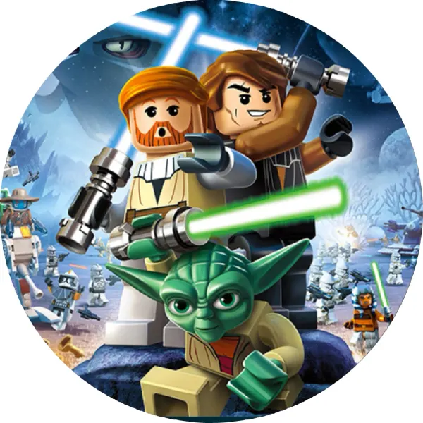 Kulatý jedlý obrázek na dort – LEGO, Star Wars, bitva klonů pod hvězdami (modrá, zelená, hnědá)