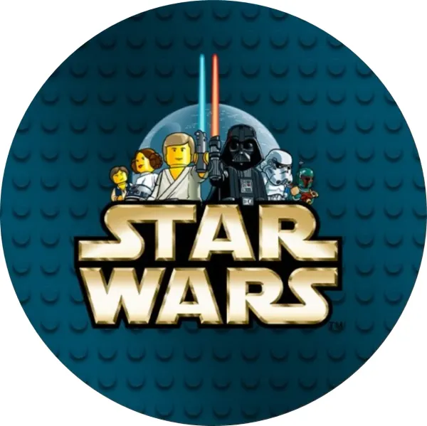 Kulatý jedlý obrázek na dort – LEGO, Star Wars, Luke, Darth Vader a Leia (modrá, černá, žlutá)