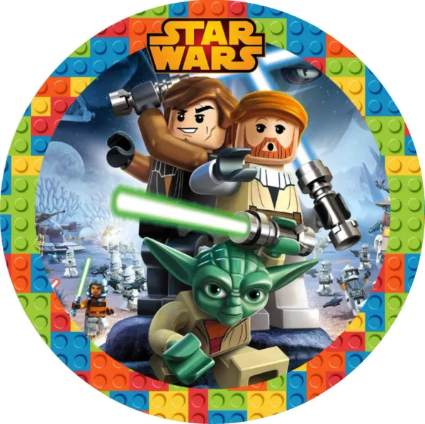 Kulatý jedlý obrázek na dort – LEGO, Star Wars, Yoda a barevný rámeček (modrá, zelená, žlutá)