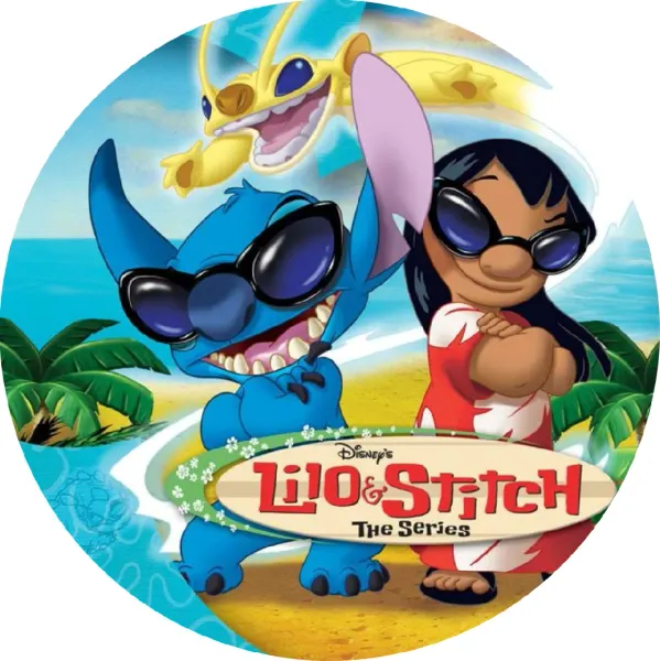 Kulatý jedlý obrázek na dort – Lilo a Stitch, na pláži s brýlemi a Sparkym (modrá, tyrkysová, červená)
