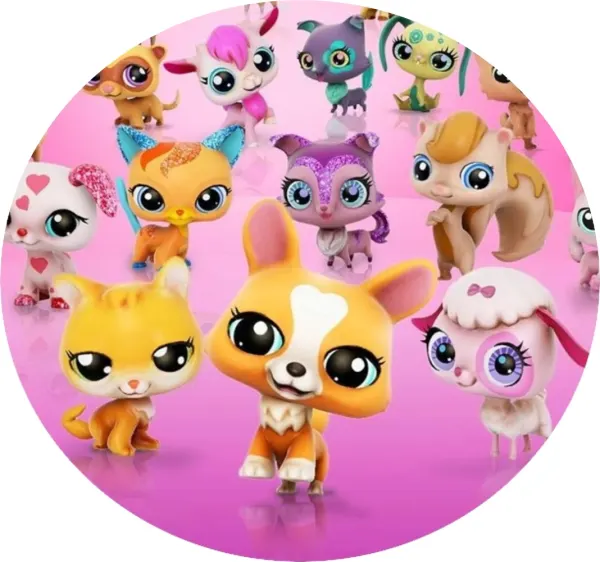 Kulatý jedlý obrázek na dort – Littlest Pet Shop, zvířátka na růžovém pozadí (růžová, žlutá, fialová)