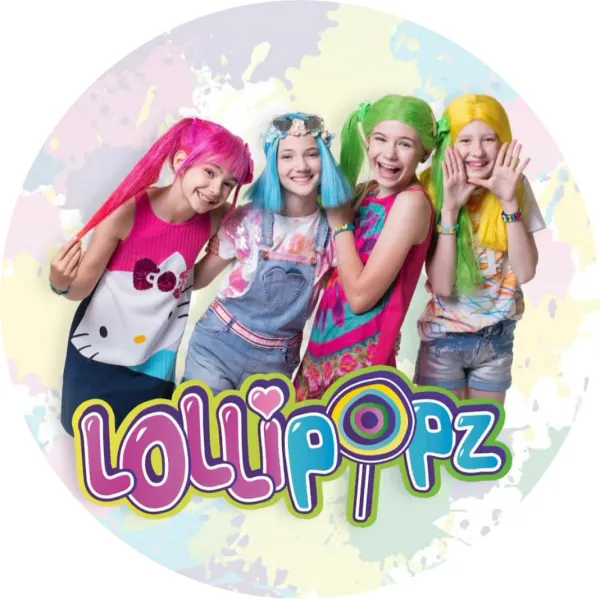 Kulatý jedlý obrázek na dort – Lollipopz legendy (růžová, modrá, zelená)