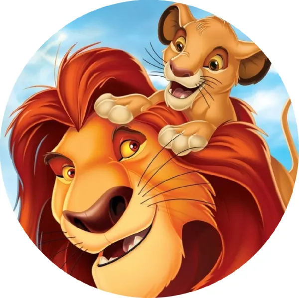 Kulatý jedlý obrázek na dort – Lví král, Simba na hlavě Mufasy (žlutá, červená, modrá)