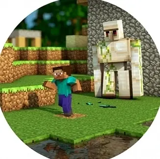 Kulatý jedlý obrázek na dort – Minecraft, běžící Steve a železný golem (zelená, hnědá, šedá)