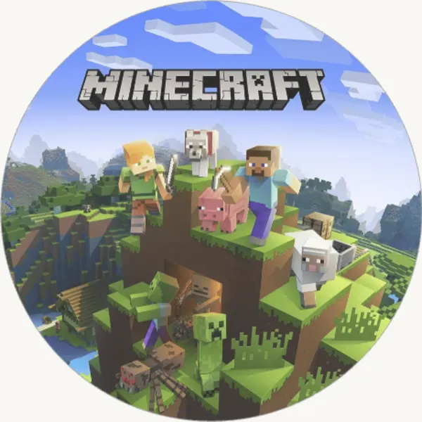 Kulatý jedlý obrázek na dort – Minecraft, Steve a Alex na travnatém kopci (zelená, modrá, hnědá)